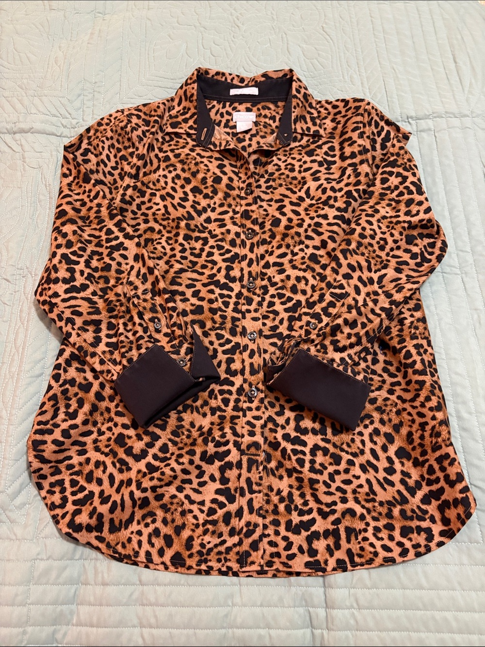 Chico's No-Iron Chic Stretch Leopard Print Button-Front Shirt - Brown & Black